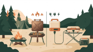 ホットサンドメーカーの直火式と電気式の違いのイラスト