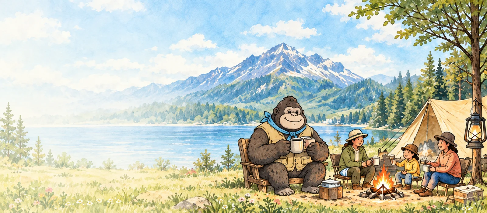 山と湖のキャンプ場で、ゴリラと家族が焚き火を囲む水彩画