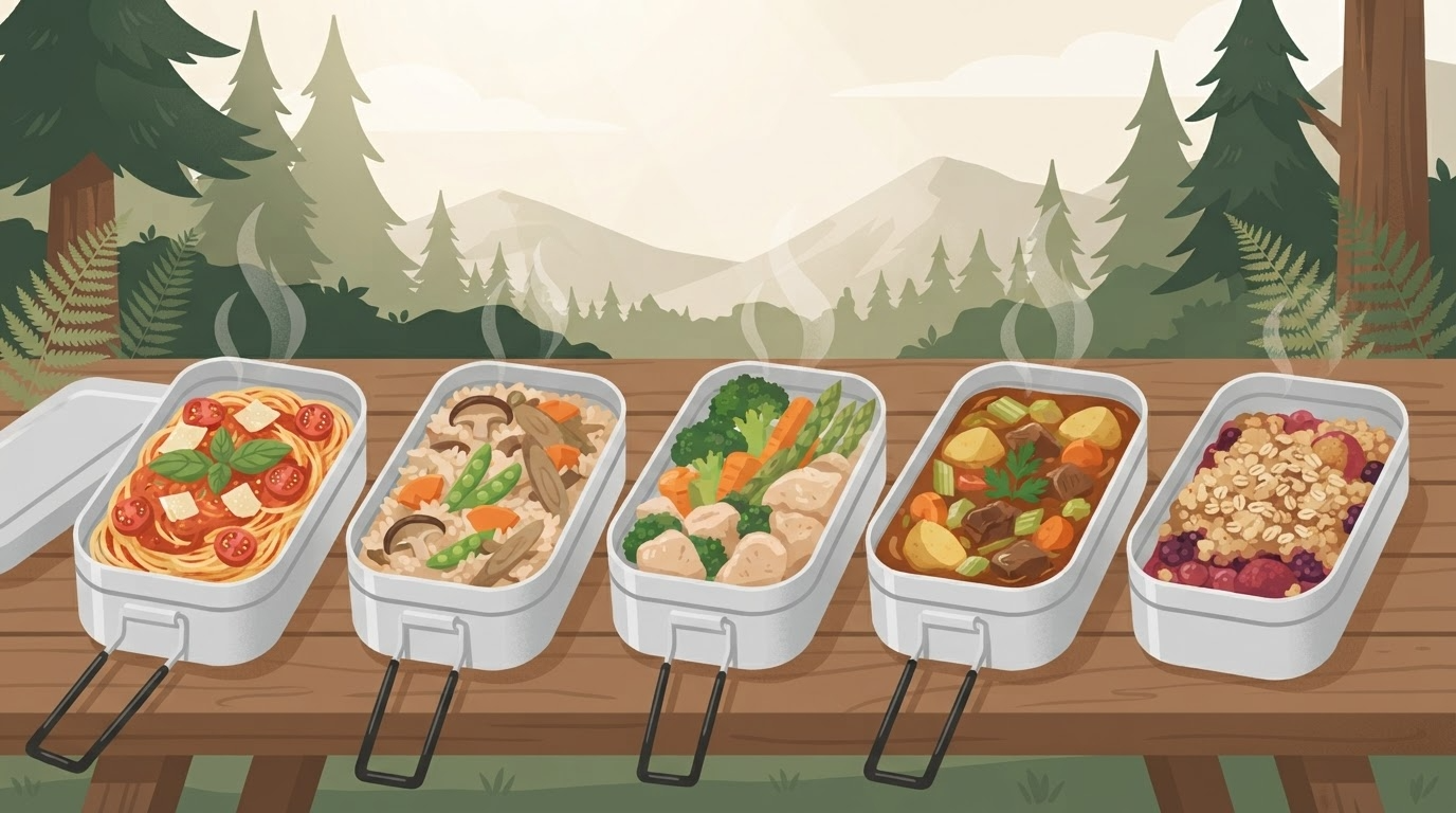 メスティンで作った複数のアレンジ料理が並ぶイメージ