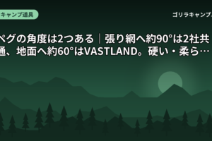 ペグの角度は2つある｜張り網へ約90°は2社共通、地面へ約60°はVASTLAND。硬い・柔らかい地面での打ち方も公式で確認