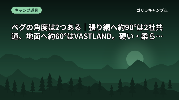 ペグの角度は2つある｜張り網へ約90°は2社共通、地面へ約60°はVASTLAND。硬い・柔らかい地面での打ち方も公式で確認