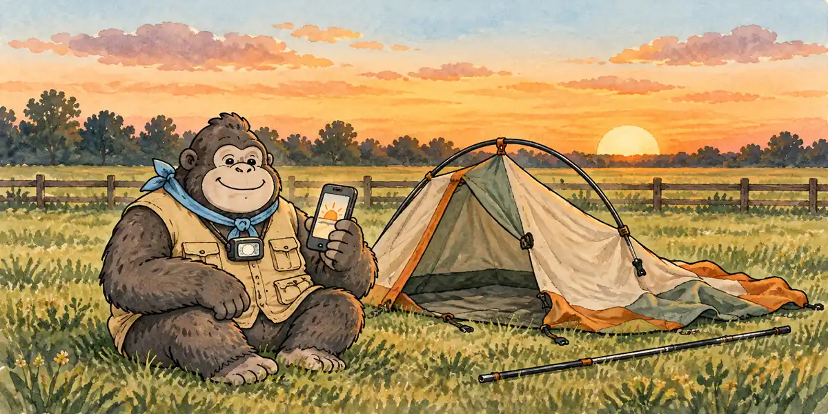 泊まる日の日の入りをスマホで調べる、夕暮れの草原キャンプ場のゴリラ