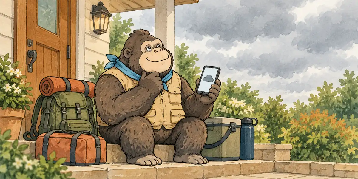 天気が悪いときにやめるか延ばすかを、空とスマートフォンを見て決めるゴリラの絵