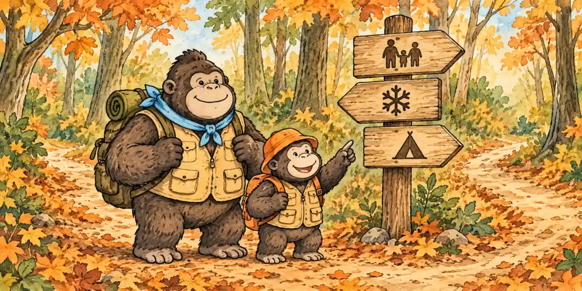 家族・冬・ソロの道しるべの前で、次に読む道を選ぶゴリラとジョージ君の絵