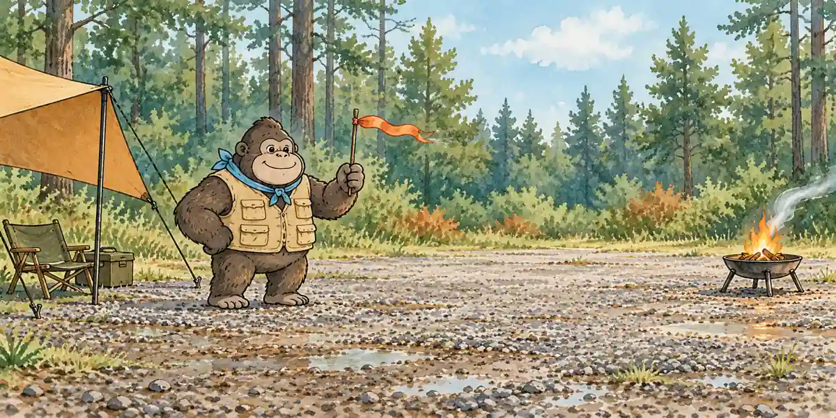 キャンプの見出し「焚き火とタープの距離」の場面を描いたゴリラの絵