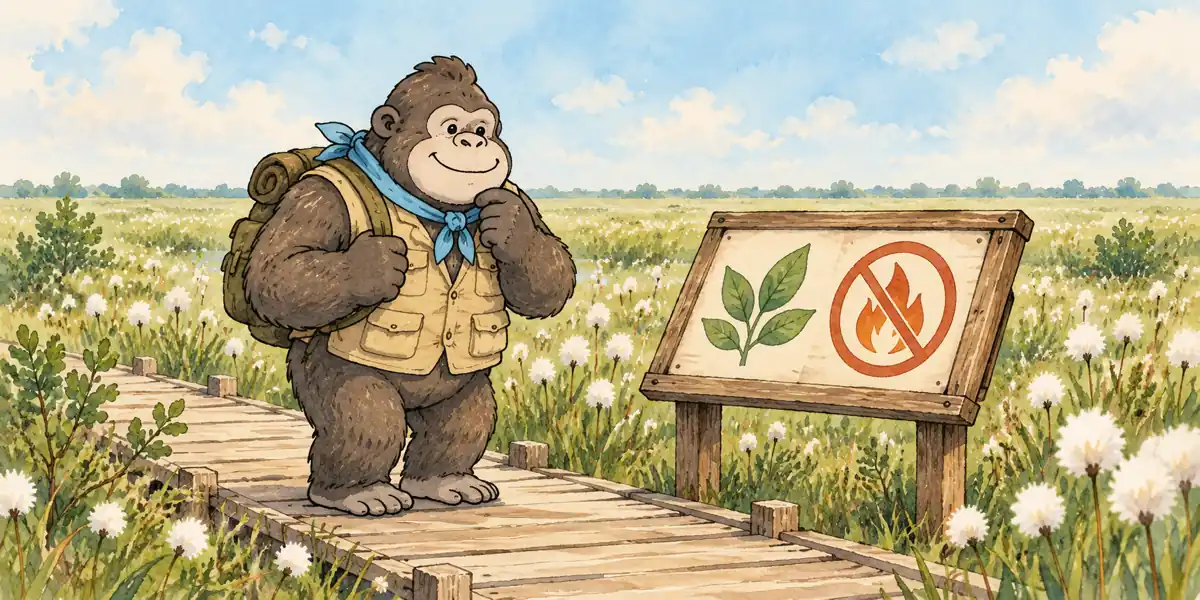 国立公園の特別保護地区で、たき火に許可が要る案内板を見るゴリラの絵