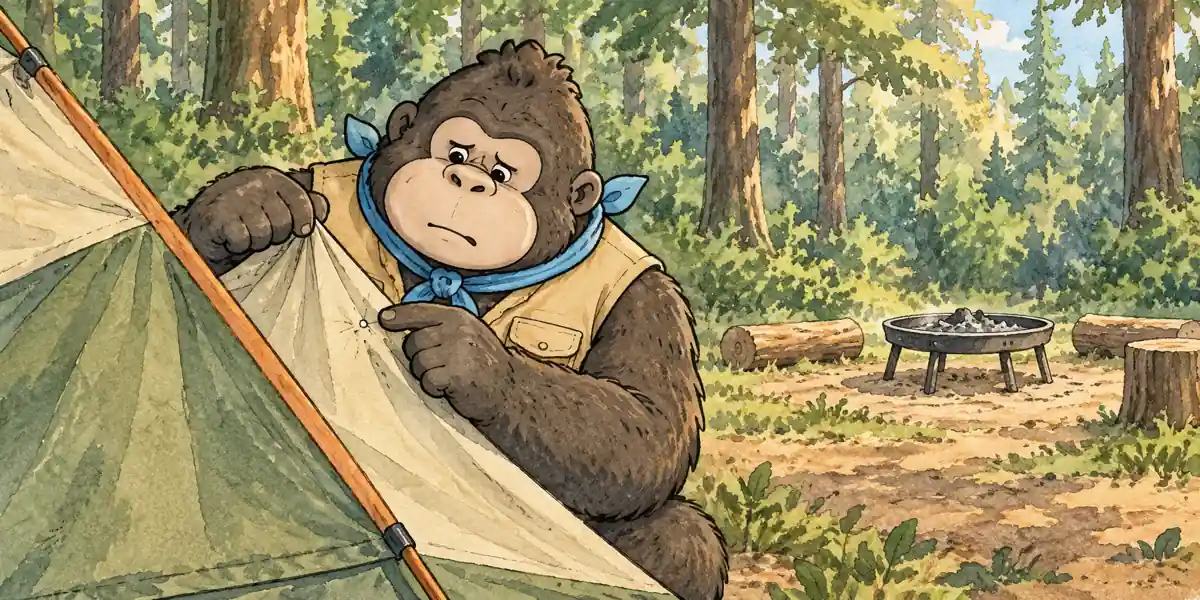 ポリエステルのテント生地にあいた、火の粉の小さな穴をのぞき込むゴリラの絵